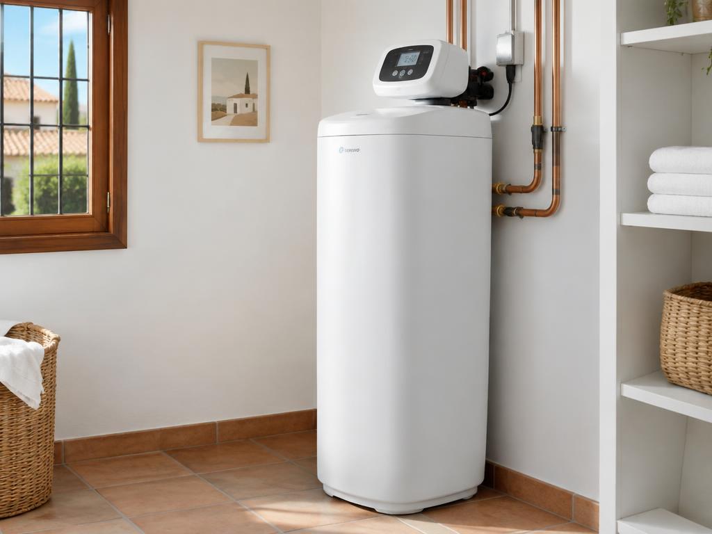 Whole-home water softener installed in a utility room
